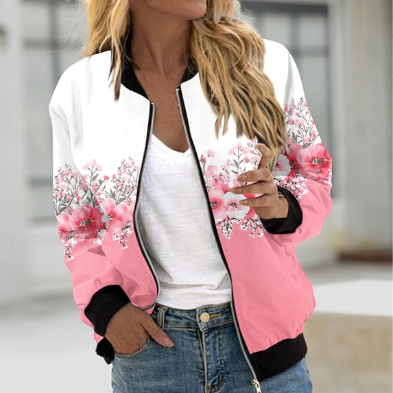 Hvyesh Women's Lightweight Long Sleeve Zipper Jacket 2025 Full Zip Bomber Jacket Casual Coat Zip Up Coat Outwear with Pockets Pink