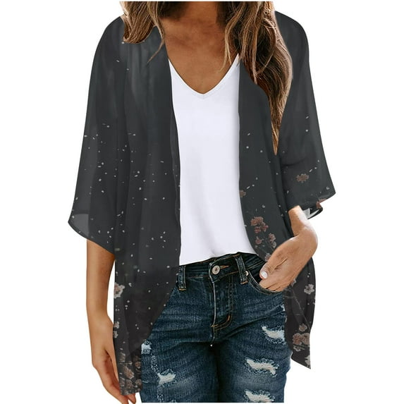 Hvyesh Women's Lightweight Open Front Cardigans Casual Summer 3/4 Sleeve Boho Cover Up Flowy Floral Print Kimono Tops