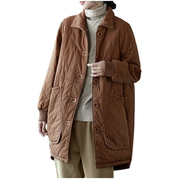 Hvyesh Women's Lightweight Quilted Jackets Loose Fit Button Up Mid Length Coat Lapel Winter Coats for Women Casual Puffer Jacket