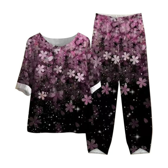 Hvyesh Women's Linen Sets Clearance Cute Floral Pirnt Half Sleeve Shirts Loose Long Pants 2 Piece Outfits Plus Size Tops with High Waist Pants Loungewear,Linen Sets for Women Outfit