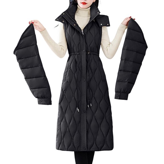 Hvyesh Women's Long Puffer Jackets Trendy Detachable Sleeve Padded Coat Casual Hood Quilted Winter Vests Warm Zip Up Long Puffer Coat with Pockets