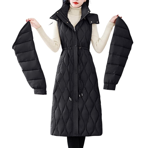 Hvyesh Women's Long Puffer Jackets Trendy Detachable Sleeve Padded Coat Casual Hood Quilted Winter Vests Warm Zip Up Long Puffer Coat with Pockets