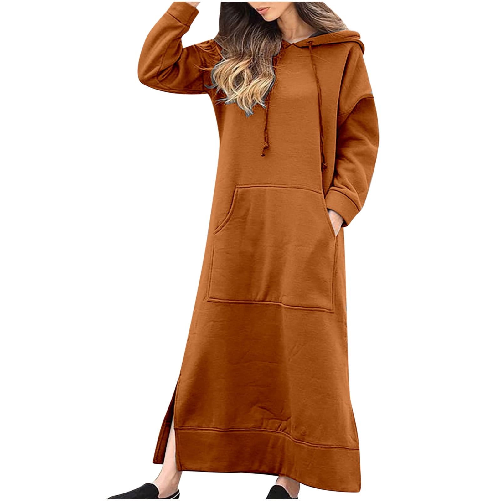 Hvyesh Women Sweatshirt Dresses Long Sleeve Drawstring Hooded Long Dress  Classy Plus Size Soild Split Maxi Dress Spring Fall Long Sweatshirt with  Kangaroo Pocket 