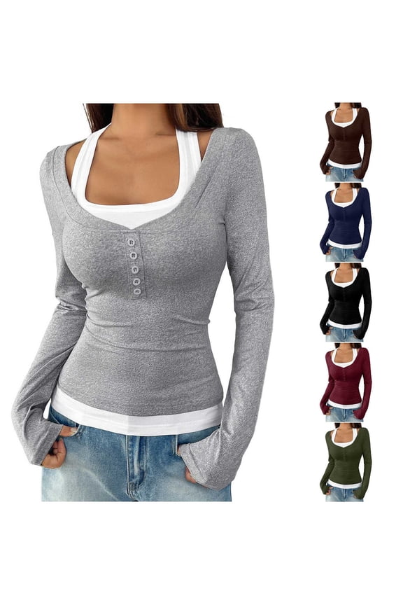 Women's Long Sleeve Patchwork Shirts Y2K Going Out Tops Halter Neck Slim Fitted T Shirts Trendy Streetwear