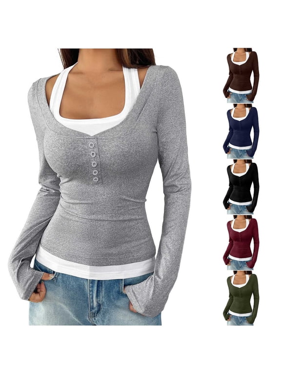 Women's Long Sleeve Patchwork Shirts Y2K Going Out Tops Halter Neck Slim Fitted T Shirts Trendy Streetwear