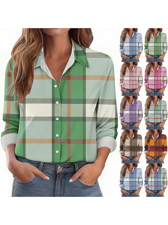 Women's Long Sleeve Plaid Shirts Lapel Button Down Tshirt Business Casual Work Shirt Loose Fit T-Shirt