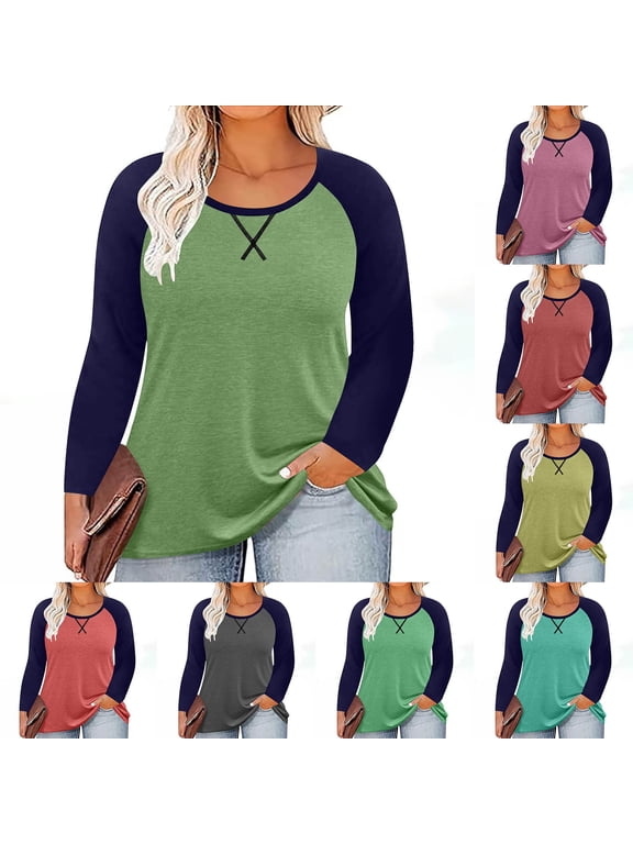 Women's Long Sleeve Raglan Shirts Plus Size Casual Baseball Tops,Basic Jersey Tees,Crew Neck Color Block Shirt Daily Wear