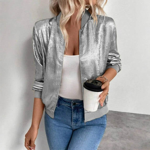 Hvyesh Women's Metallic Zipper Bomber Jacket Long Sleeve Lightweight Solid Coats Trendy Silver Metallic Glitter Y2K Jackets Party Bomber Jackets with Pocket Gray