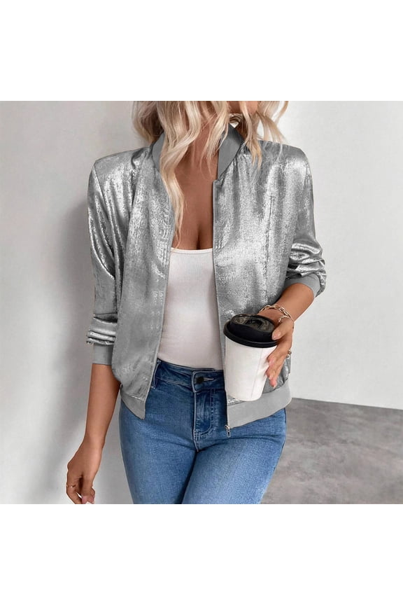 Women's Metallic Zipper Bomber Jacket Long Sleeve Lightweight Solid Coats Trendy Silver Metallic Glitter Y2K Jackets Party Bomber Jackets with Pocket Gray