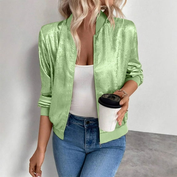 Hvyesh Women's Metallic Zipper Bomber Jacket Long Sleeve Lightweight Solid Coats Trendy Silver Metallic Glitter Y2K Jackets Party Bomber Jackets with Pocket Green