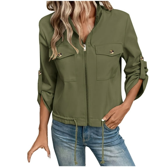 Hvyesh Women's Military Safari Cropped Jackets Zipper Up Anorak Coat Lightweight Drawstring Barn Jackets with Pockets
