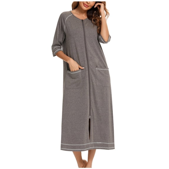 Hvyesh Women's Nightshirt 3/4 Sleeve Zipper Nightgown Crew-Neck Sleepwear Pajama Dress Soft and Breathable Pajamas Sleepshirt Dark Gray M