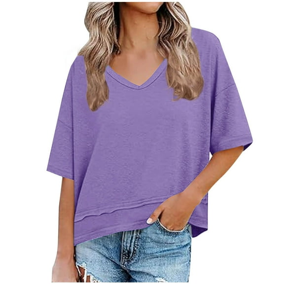 Hvyesh Women's Oversized T Shirts Casual V Neck Short Sleeve Summer Loose Solid Tops Tees