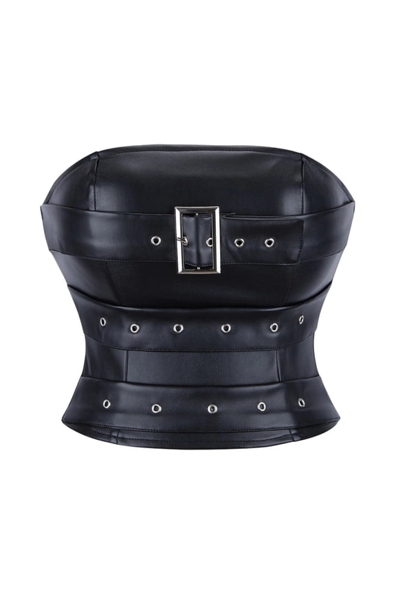 Women's PU Faux Leather Crop Tube Top Strapless Bandeau Crop Top Going Out Corsets Tops for Women Underbust Tight Shaper Corset