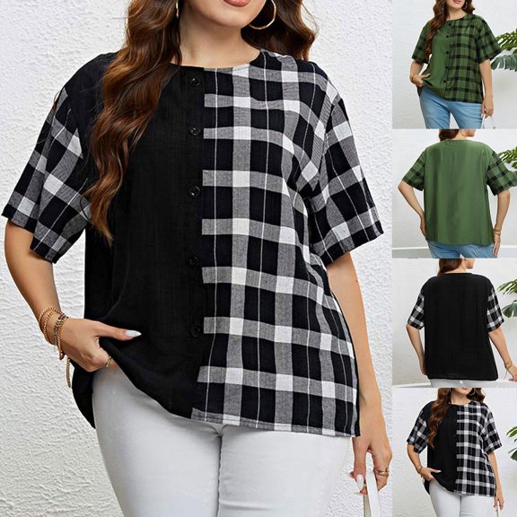 Hvyesh Women's Plaid Short Sleeve Button Down Shirt Plus Size Crew Neck Tshirt Casual Summer Blouses Tops BlackFridayES