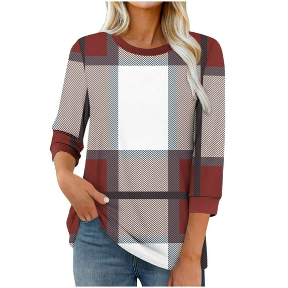 Hvyesh Women's Plaid Tshirt Casual 3/4 Length Sleeve Round Neck Shirt Casual Loose Fit Tunic Tops