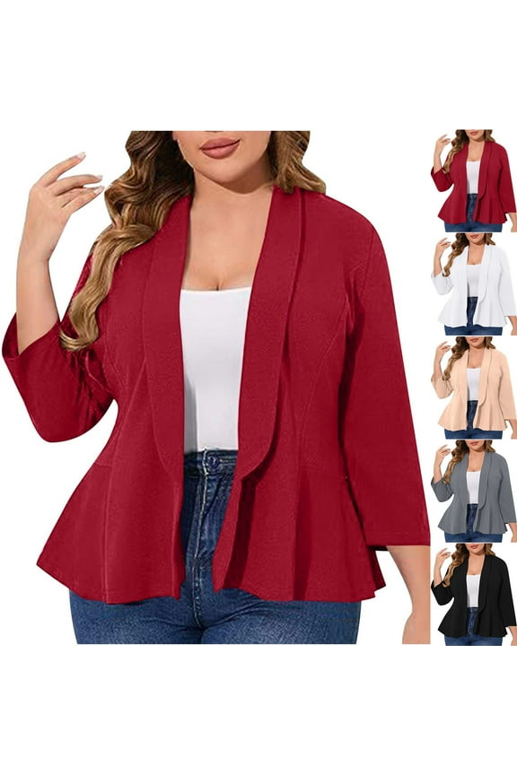 Women's Plus Size Blazer Dressy Ruffer 3/4 Sleeve Suit Jacket Business Casual Cardigan Coat Slim Fit Blazer