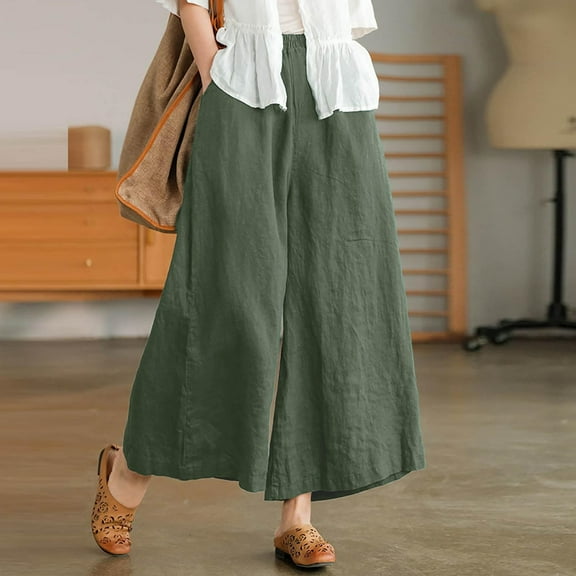 Hvyesh Women's Plus Size Capris, Cotton Linen Wide Leg Pants Casual Drawstring Capri Sweatpants Drawstring Pants with Pockets
