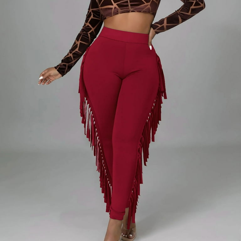 Hvyesh Women s Plus Size Elastic Waist Fringe Trim Leggings Stretch Skinny Pants