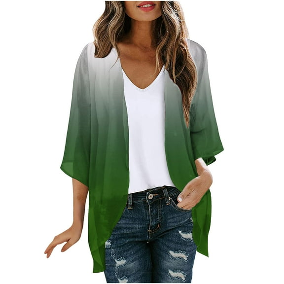 Hvyesh Women's Plus Size Kimono Cardigan Casual Lightweight Open Front Cardigans Soft Draped Ruffles 3/4 Sleeve Cardigan