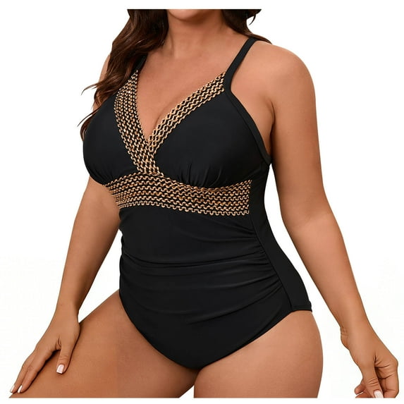 Hvyesh Women's Plus Size One Piece Swimsuit Trendy Patchwork Ruched Beachwear Tummy Control Bathing Suit