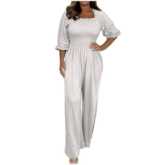 Hvyesh Women's Plus Size Overalls Jumpsuits One Piece Long Sleeve Wide Leg Long Pant Rompers With Pockets