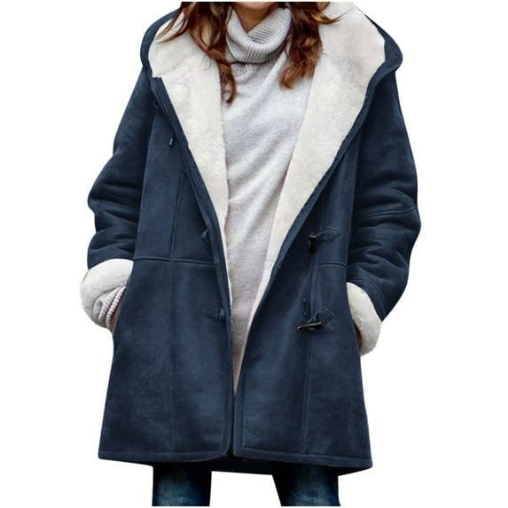 Hvyesh Women's Plus Size Sherpa Fleece Lined Winter Coats 2025 Warm Distressed Jackets Hooded Parka Faux Suede Pea Outerwear ZB-Navy,M