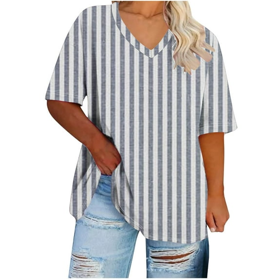Hvyesh Women's Plus Size Short Sleeve Tops 2025 Summer Casual T-Shirts Stripe Loose Fit Blouses V Neck Shirts Holiday Tee