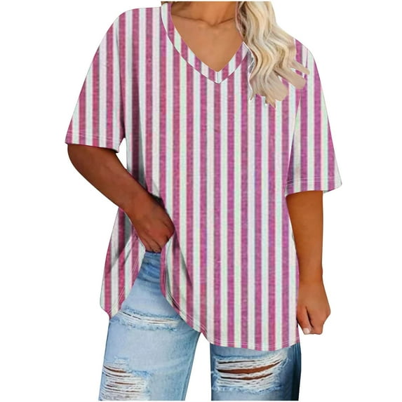 Hvyesh Women's Plus Size Short Sleeve Tops 2025 Summer Casual T-Shirts Stripe Loose Fit Blouses V Neck Shirts Holiday Tee