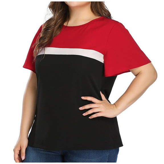 Hvyesh Women's Plus Size Tops Summer Color Block Short Sleeve Shirts Casual Loose Round-Neck Cute Blouses
