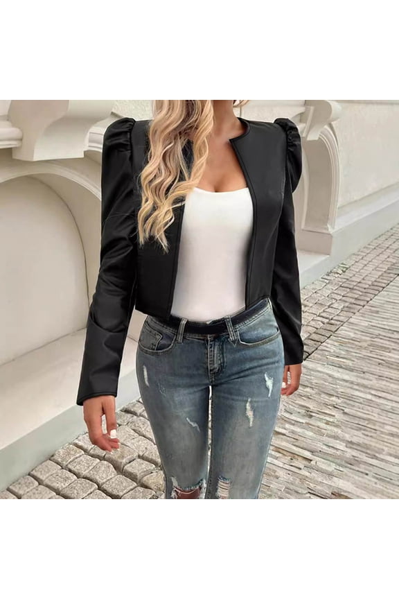 Women's Puff Sleeve Cropped Jacket Faux Leather Bolero Blazer Long Sleeve Open Front PU Cardigan Trendy Streetwear Moto Biker Jackets Black