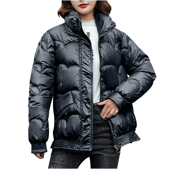 Hvyesh Women's Puffer Jacket Thickened Winter Shiny Coat Warm Stand Collar Zip Up Jacket Ski Bubble Coat