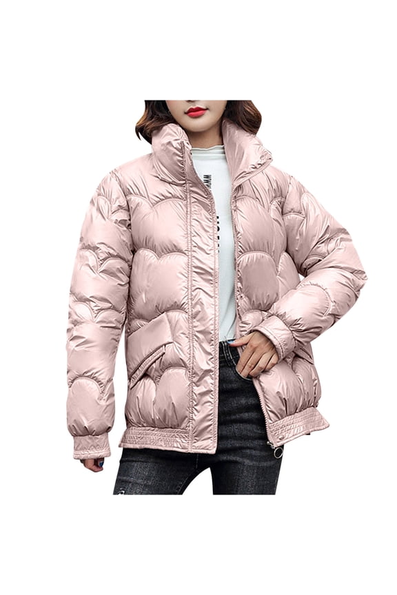 Women's Puffer Jacket Thickened Winter Shiny Coat Warm Stand Collar Zip Up Jacket Ski Bubble Coat