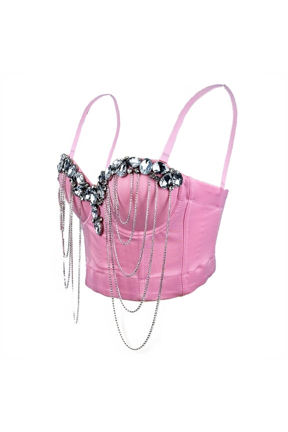 Women's Rhinestone Chain Bustier Corset Top Spaghetti Straps Push Up Going Out Crop Tops Party Clubwear