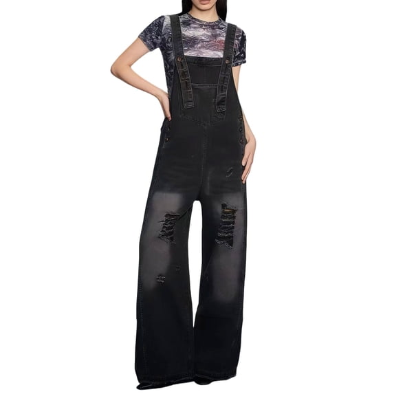 Hvyesh Women's Ripped Denim Bib Overalls Adjustable Straps Pockets Jean Rompers Casual Distressed Jeans Fit Jumpsuits
