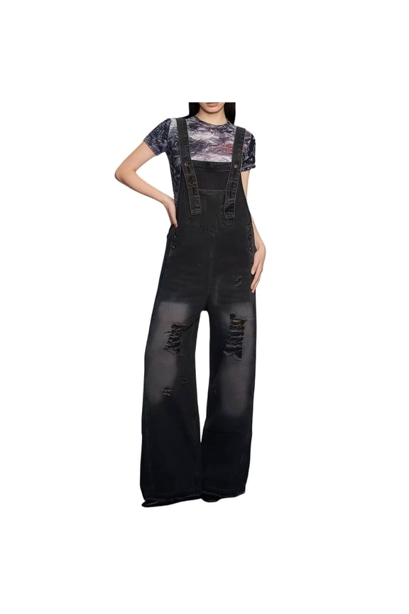 Women's Ripped Denim Bib Overalls Adjustable Straps Pockets Jean Rompers Casual Distressed Jeans Fit Jumpsuits