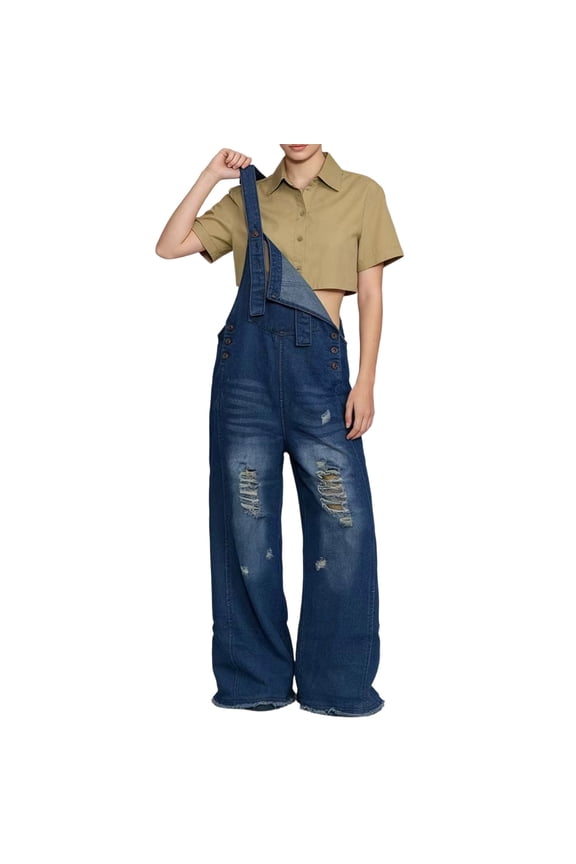 Women's Ripped Denim Bib Overalls Adjustable Straps Pockets Jean Rompers Casual Distressed Jeans Fit Jumpsuits