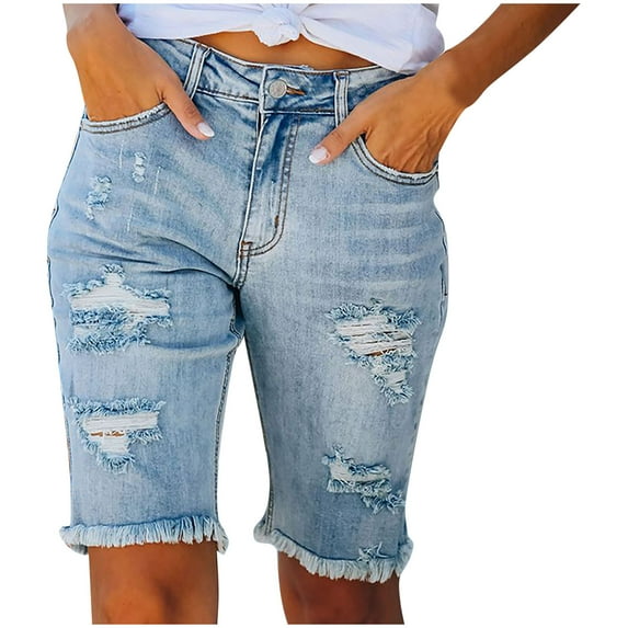 Hvyesh Women's Ripped Mid-Rise Denim Bermuda Shorts Frayed Raw Hem Stretch Jean Shorts Straight Leg Distressed Bermuda Jean Shorts