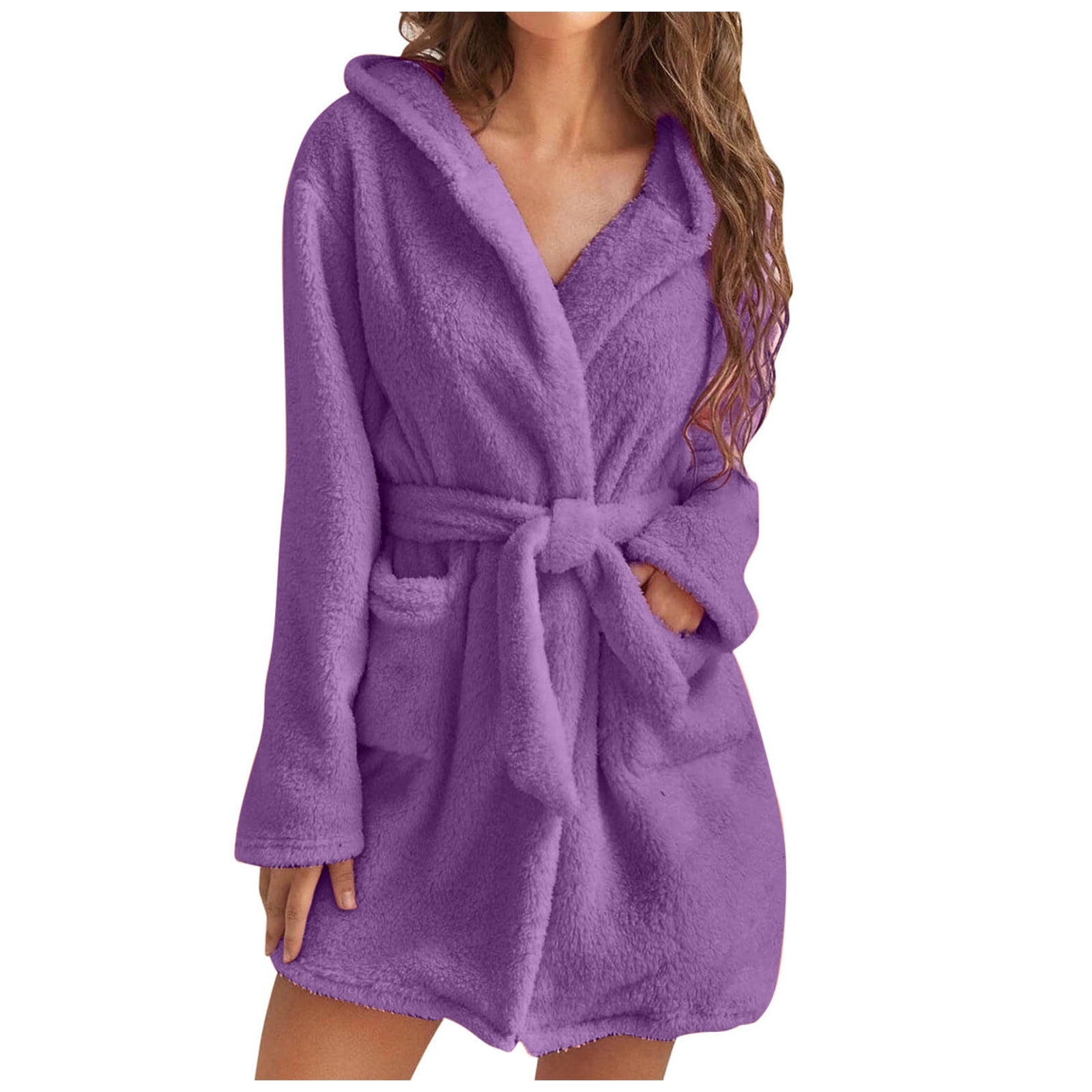 Hvyesh Women's Robe Comfy Thigh Length Hooded Bathrobe Plus Size Fuzzy ...