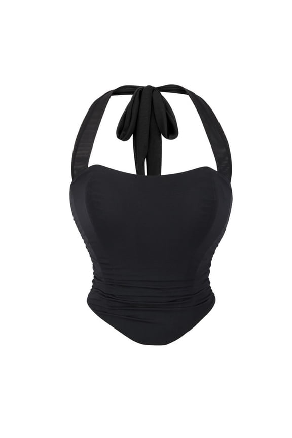 Women's Ruched Halter Crop Top Cute Tie Back Sleeveless Corset Slim Fit Cami Tank Tops