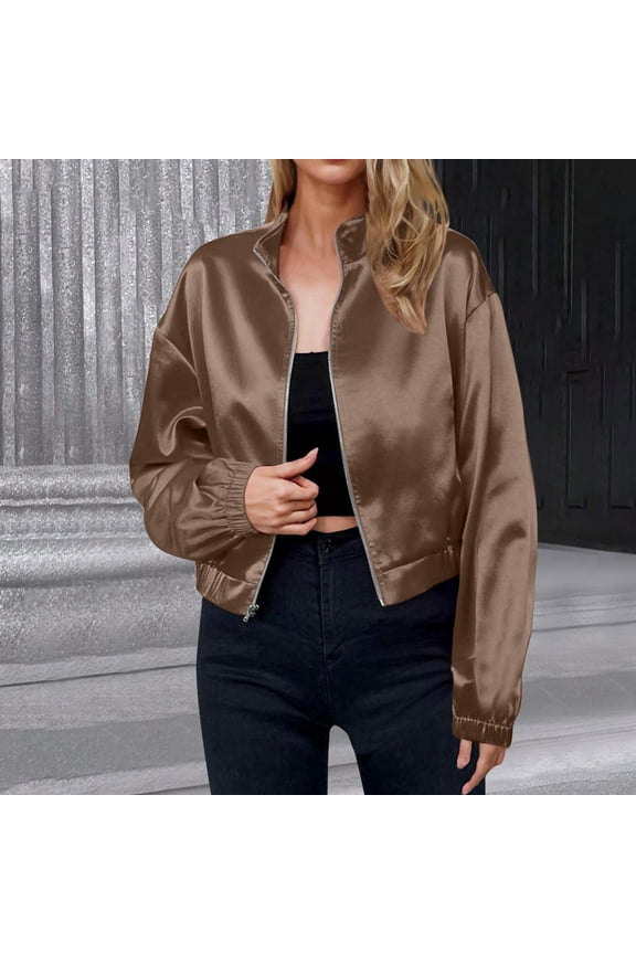Women's Satin Bomber Jacket Lightweight Zipper Long Sleeve Jacket Drop Shoulder Solid Cropped Coat Fall Windbreaker Outerwear with Pockets Brown