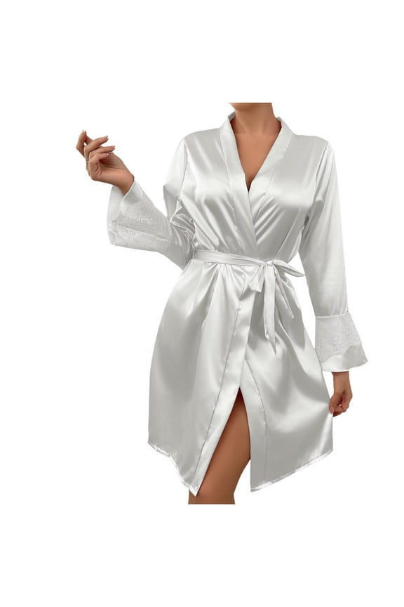 Women's Satin Robe Short Bridesmaid Kimono Robe Silky Long Sleeve Bathrobe Lightweight Mid-Length Spa Robe