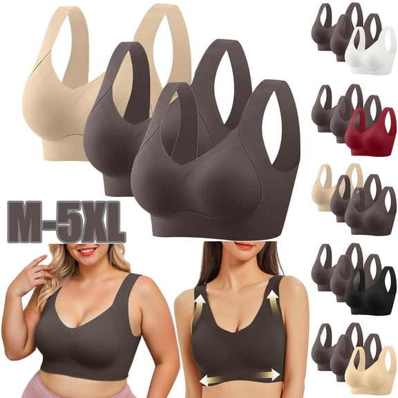 Hvyesh Women's Seamless Wire Free Bra Plus Size Push Up Sports Bra Cozy Full-Coverage Everyday Underwear 3PCS