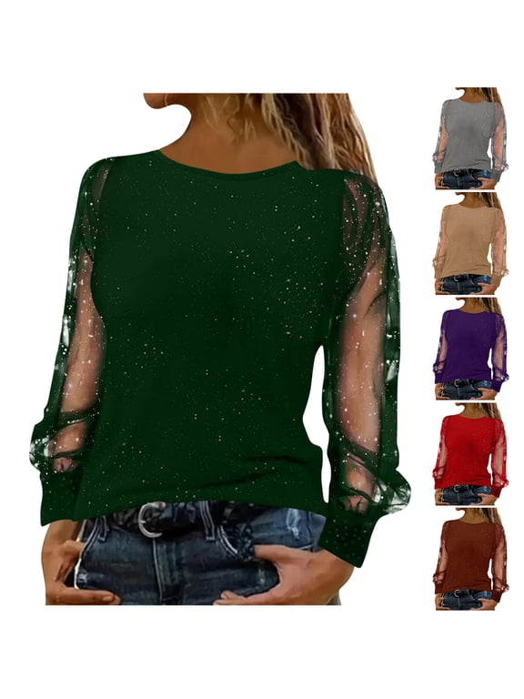 Women's Sequin Blouses Shiny Glitter Mesh Tops Splice Sparkly Dressy Long Sleeve Loose Tunic Fall Casual Shirts