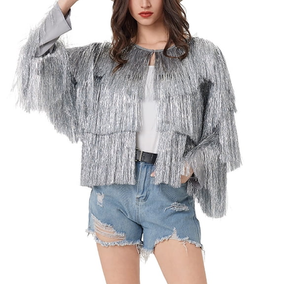 Hvyesh Women's Sequin Fringe Bomber Jackets Sparkly Tassel Hem Long Sleeve Open Front Jacket Outerwear Y2K Streetwear