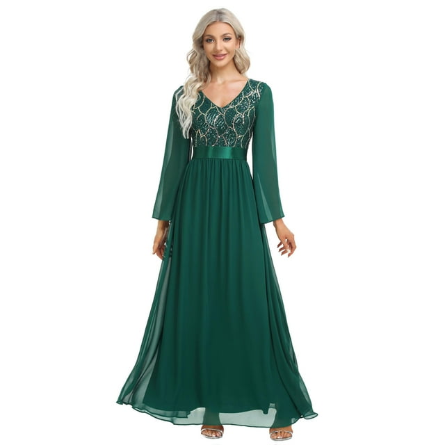 Hvyesh Women's Sequin V-Neck Long Prom Dresses Cute Mesh Long Sleeve A-Line Gowns Cocktaill Party Long Dress Business Evening Gowns