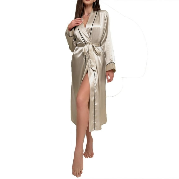 Hvyesh Women's Solid Long Sleeve Satin Long Robe Trendy V Neck Full Length Nightgowns Cozy Sleepwear Pajamas Elegant Bride Bridesmaid Wedding Party Robe