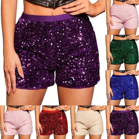 Hvyesh Women's Sparkly Sequin Shorts Elastic Waist Glitter Straight Leg Party Shorts with Pockets