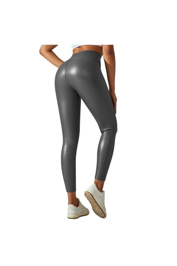 Women's Stretchy Faux Leather Leggings Pants Plus Size Butt Lift Leggings for Women High Waist Tummy Control Seamless Leggings Skinny Tights Gray,S