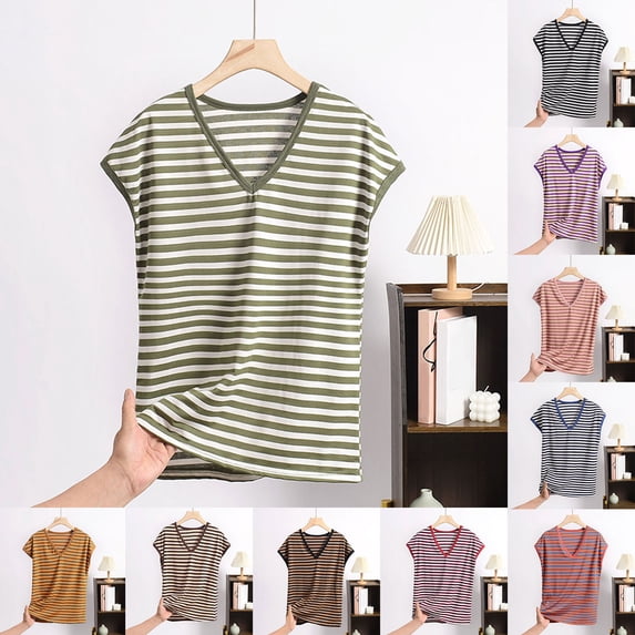 Hvyesh Women's Striped Sleep T-Shirt Plus Size V Neck Pajamas Top Cap Sleeve Sleepwear Soft Pjs Tshirts Comfy Lounge Shirt